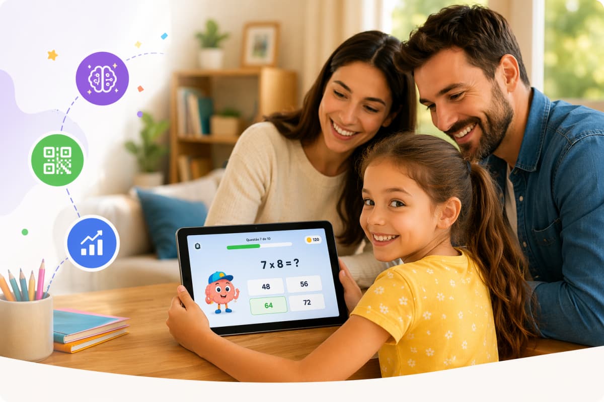 Família acompanhando o aprendizado da criança com a plataforma